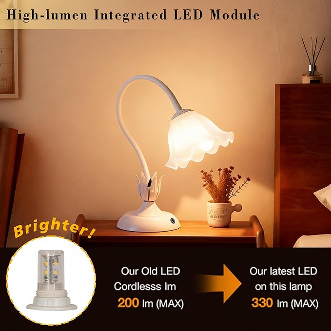 Cordless Flower Table Lamp White, Valentine‘s Gift, 5200-mAh Rechargeable Touch Lamp, 3-Way Dimmable, Build-in Integrated LED 320 Lumen Max, for Nightstand Bedroom Living Room
