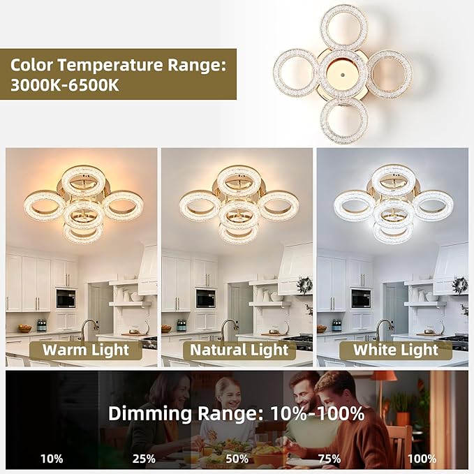 OKELI Modern Ceiling Light, 5 Rings 16.9'' Dimmable LED 49W Flush Mount Ceiling Lights with Remote Acrylic Crystal Round Ceiling Light Fixture, Bedroom Living Room Dining Room, Gold