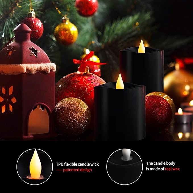 3x3 Flickering Flameless Candles Set of 2, 2AA Battery Life 600 Hours Battery Candles Flickering with Timer, 3 inch Flameless Candles with Remote for Indoor/Outdoor, Black