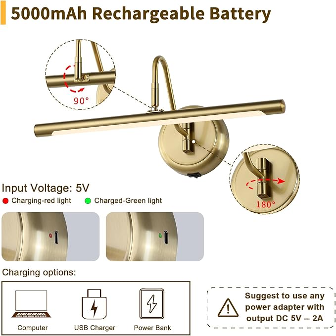 JOOSENLUX Battery Operated Picture Light Gold - Modern Wireless Picture Lights for Wall Dimmable 16.5inch Under Cabinet and Swing Arm for Canvas Sconce 3000K CRI95