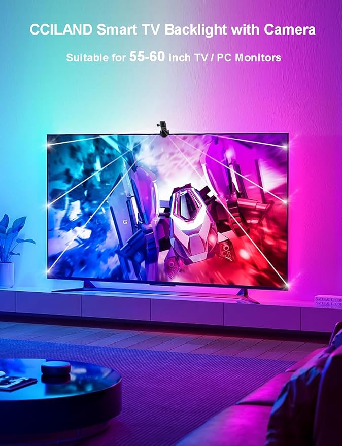 TV LED Backlight with Camera for 55-65 inch Screens, 13Ft LED Strip Lights Sync to Screen & Music, RGB Built in Chip Strip Lights Color Changing, Smart App Control, USB Power
