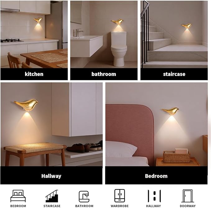 Motion Sensor Wall Light: 1200mAh Rechargeable Wall Sconce Set of 2 Magnetic Stair Lights Indoor Wireless Wall Sconces Night Light for Kids Elderly Bedroom Hallway Home Decor (Gold)
