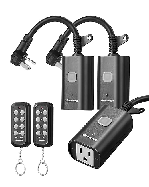 DEWENWILS Outdoor Remote Control Outlet, Weatherproof Heavy Duty 15A Wireless Remote Control Switch, 100FT Control Range, 2 Remotes & 3 Outlets (Battery Included)