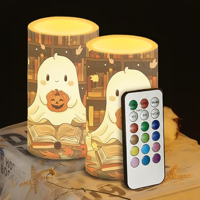 Ghost Pumpkin Battery Candles with Remote Control Flameless Flickering LED Candles for Autumn Thanksgiving Fall Decor Harvest Halloween Party Dining Room Table Centerpiece