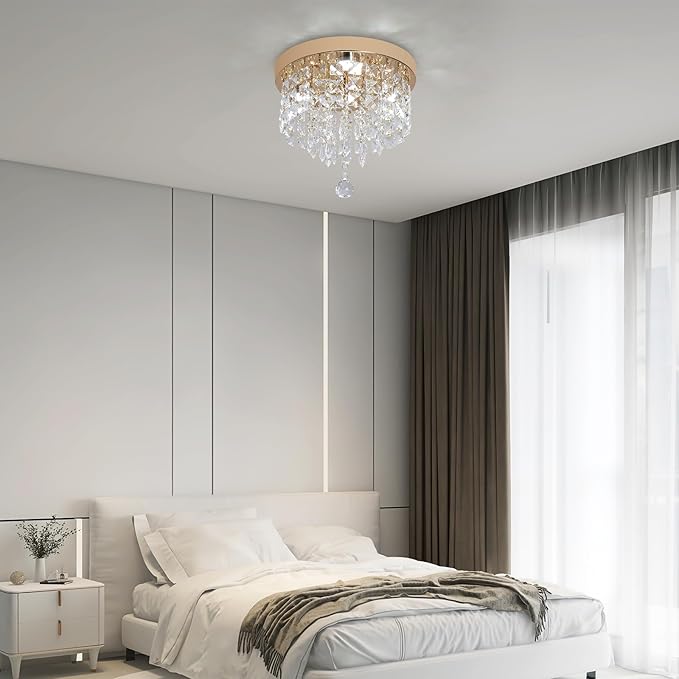 Deckrico Gold Crystal Chandelier Flush Mount Ceiling Light – Modern LED Lighting Fixture for Bedroom, Closet, Bathroom, Hallway – White Light