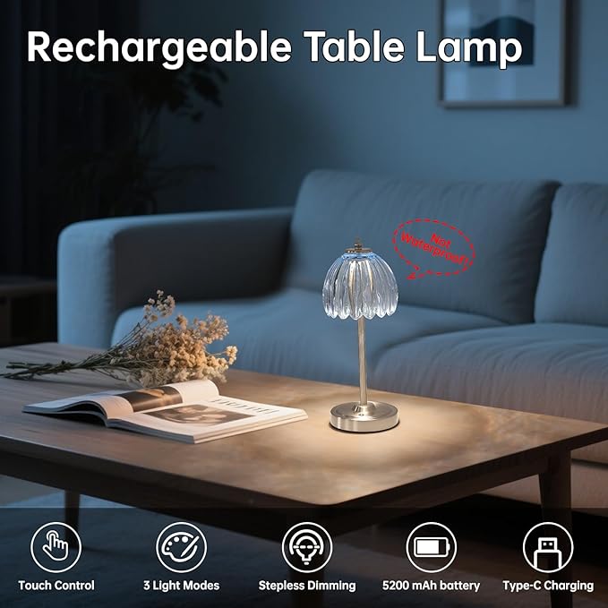 Rechargeable Table Lamp with 5200mAh Battery & Touch Control - 3 Adjustable Color Temperatures, Cordless Dimmable Table Light for Bedroom, Office Desk, Nightstand(Clear Light Blue,1 Pack)