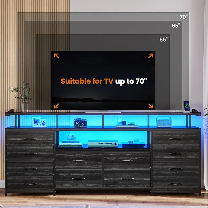 BTHFST 12 Drawers TV Stand Dresser for 65/70 inch TV, Entertainment Center with LED Lights & Power Outlets, 63" Large LED TV Stand, TV Console for Bedroom
