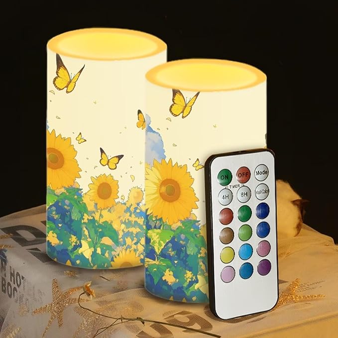 Sunflower Flameless Candles 2 Pack 6 x 3 inch Battery Operated Candles with Multicolor Timer Remote Control LED Fake Candles for Warm Light Dinner Table Home Decor