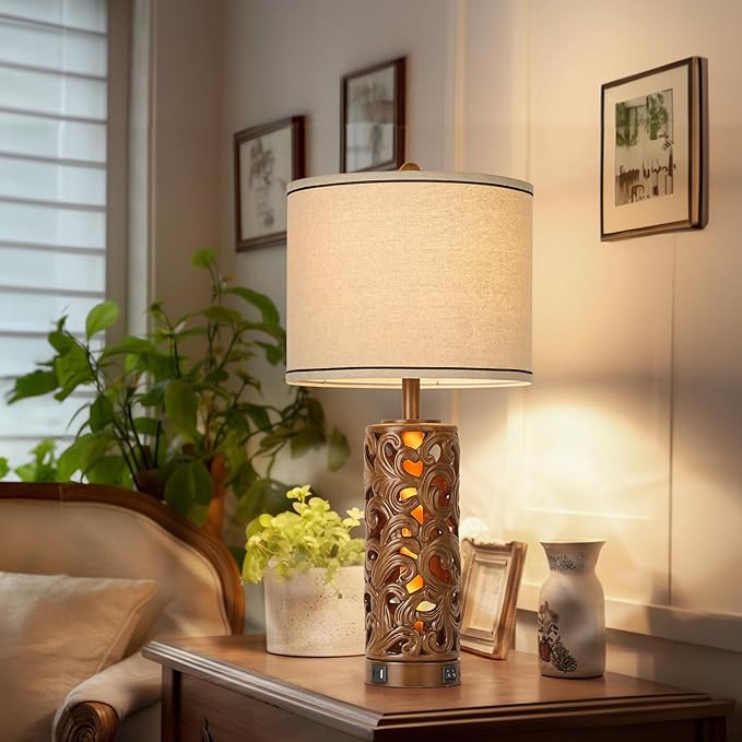 AIDENOEY Set of 2 Farmhouse Table Lamps with 2 USB Charging Ports, Vintage Carved Bedside Lamps with Smart Dimmable Bulbs, Rustic Nightstand Lamps for Bedroom Living Room Home Decor