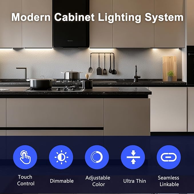 VST Under Cabinet Lighting 6 Pack, Touch Control LED Cabinet Light Bars, Dimmable & Adjustable Color Temperature 2700K-6500K, Ultra Thin Linkable Under Counter Lights for Kitchen, Closet & Display