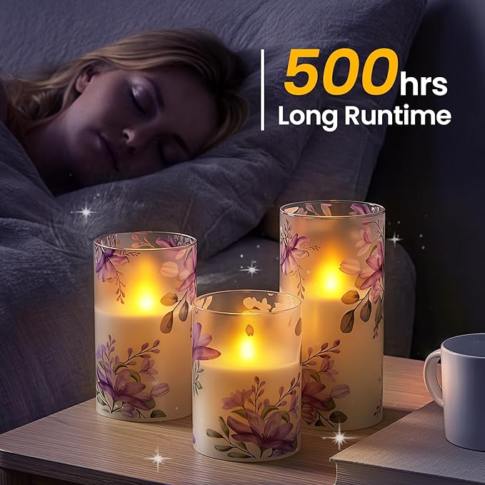 Pack of 3 Flameless Daily Timer Flickering Real Wax Pillar Candles, 3" x 4" 5" 6" LED Battery Operated Purple Flowers Glass Warm Light with Remote Control