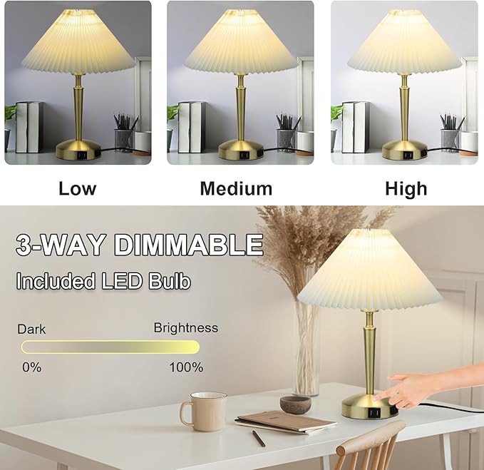 Touch Bedside Table Lamp - Modern Small Lamp for Bedroom Living Room Nightstand, Desk lamp with Fabric Lamp Shade, Warm LED Bulb, 3 Way Dimmable, Simple Design Mother's Day Gifts (Gold)