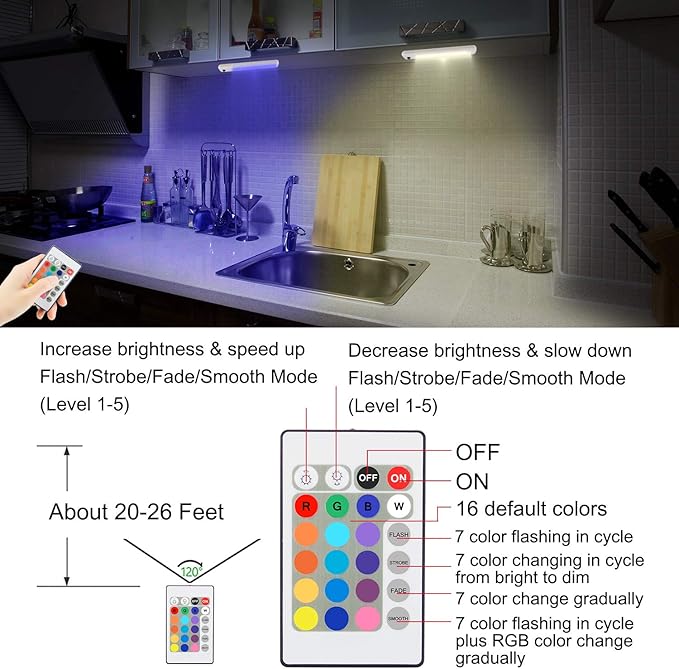 BIGMONAT Battery Operated Under Cabinet Lighting with Remote, Wireless Color Changing Under Counter Light, Stick on RGB Light Bar for Kitchen Bedside Shelf Closet TV Backlight Game