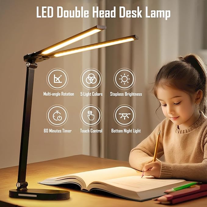 LED Double Head Desk Lamp with Night Light, 5 Color Temp, Slide Steplessly Adjust Brightness, 60 min Timer, Touch Control, Foldable Table Light for Working, Reading (Black Plug-in)