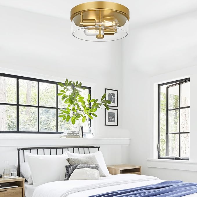 Flush Mount Ceiling Light Fixtures, 2-Light Gold Ceiling Mount for Farmhouse with Clear Glass Lampshade, Industrial Flush Mount Light Fixture Farmhouse for Hallway, Kitchen, Entryway and Foyer