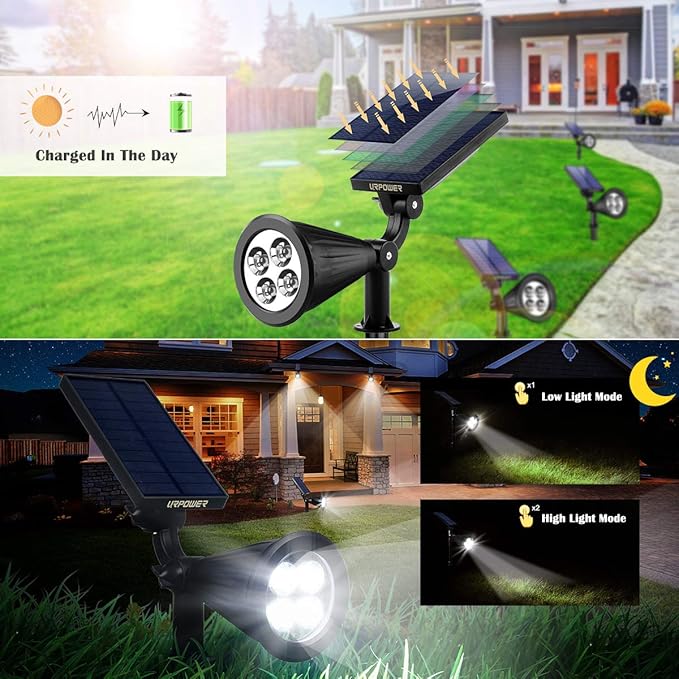 URPOWER Solar Lights Outdoor, 2-in-1 Solar Spot Lights Waterproof with 2 Lighting Modes, Adjustable Solar Powered Spotlights Auto On/Off Landscape Lights for Yard Garden Pathway, 2 Pack (Cool White)