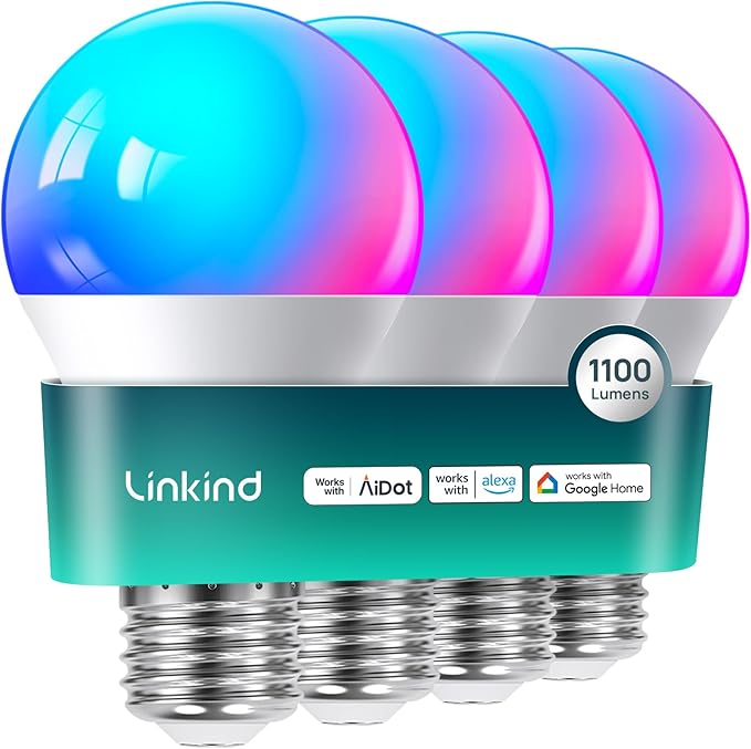 Linkind Smart Light Bulbs, A19 Smart Bulb - 1100LM(75W Equivalent), Works with Alexa & Google Home, E26 RGBTW Color Changing Bulbs with Music Sync, 2.4GHz Wi-Fi & Bluetooth, 11W, 4Pack
