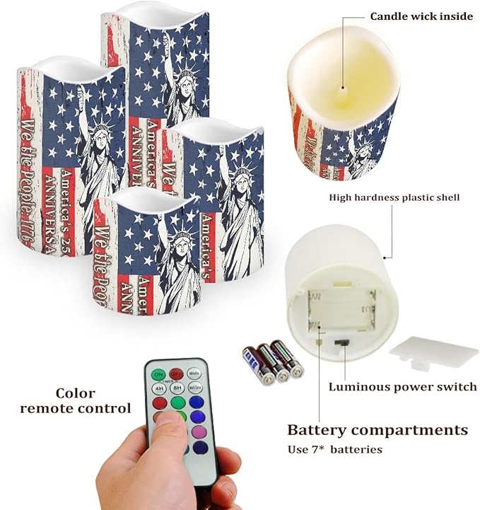 Statue of Liberty Flameless Candle 250th Anniversary Led Lights with Battery Operated Remote Control American Flag Independence Day Candles for Vintage Room Decor, 4 Pack