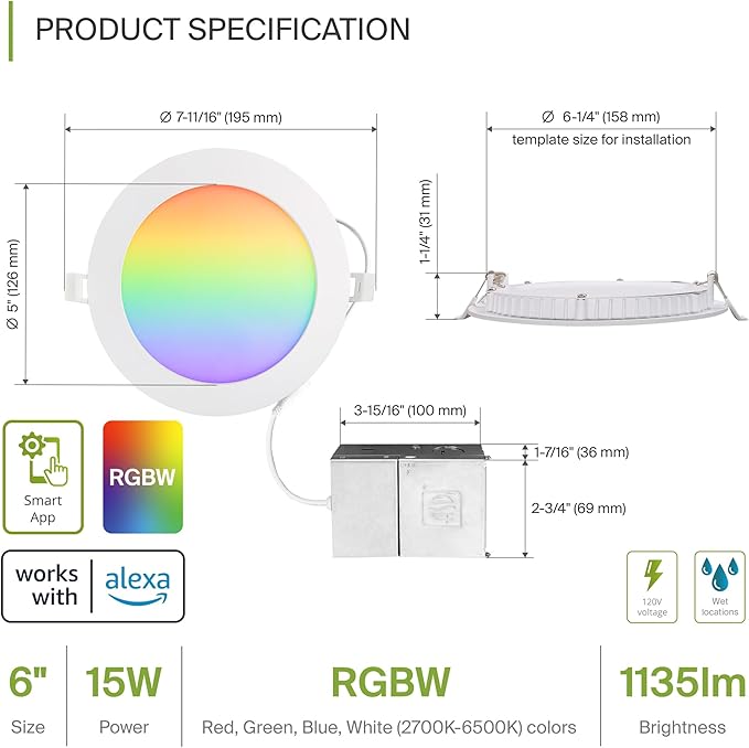 ASD 1 Pack LED Smart Recessed Lighting 6 Inch 15W, RGBW Color Changing Lights, Compatible with Alexa & Google Assistant, Dimmable 2700K-6500K Selectable RGB Lights, WiFi Bluetooth Ceiling Light, ETL