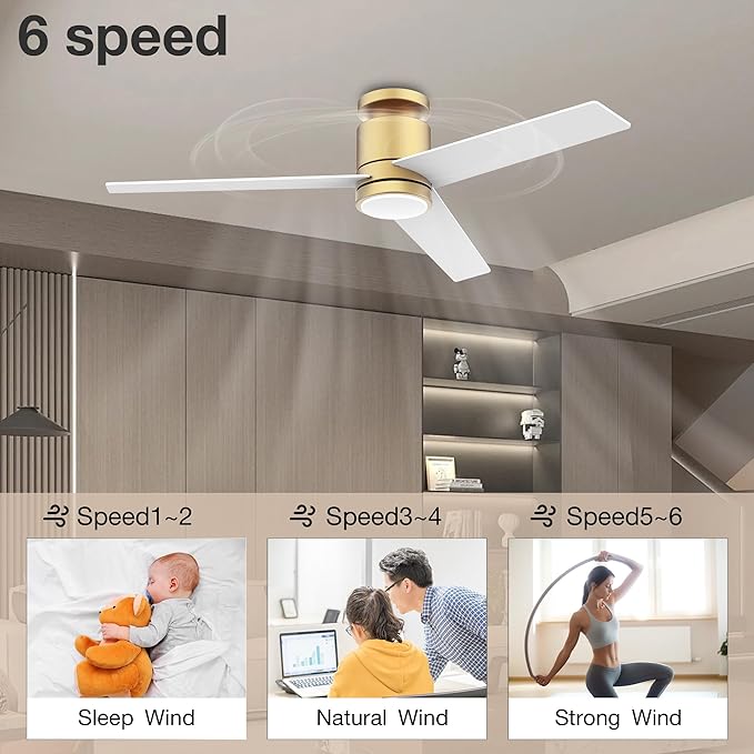 52” Smart Flush Mount Ceiling Fans with Lights Remote,Quiet DC Motor,Outdoor Indoor Low Profile Ceiling Fan,Voice Control via WiFi Alexa App,Modern Gold and White Black Fan for Bedroom Patio