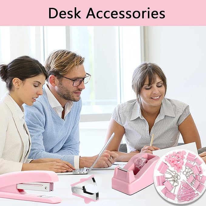 suniya Office Supplies,Desk Accessories,Tape Holder,Stapler,Scissor,Staple Remover,Box of Binder Clips,Staples,Ballpoint Pen,Lndex Tabs,Clear Tape,Office Supplies Set(Pink)