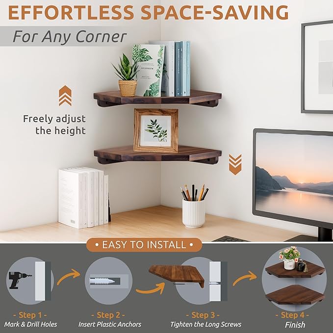 Demigo [Upgraded] Hexagon Corner Floating Shelves Wall Mount (2pcs) – Solid Acacia Wood with Hidden Brackets & Cable Hole – Rustic & Modern Space-Saving Shelves for Bedroom Living Room Office Kitchen