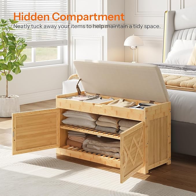 HOOBRO Shoe Bench, Shoe Storage Bench with Cushion, Bamboo Entryway Bench with Hidden Compartment, Storage Bench with Lift Top and 2 Door, for Living Room, Bedroom, Hallway, Beige and Natural YE60HX01
