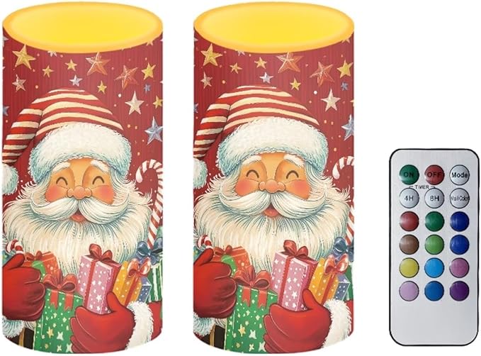 Red LED Candles with Remote Flickering Flameless Candles Santa Claus Stars Battery Operated Fake Pillar Candles Christmas Decorations for Bedroom Living Room Dining Room Table Decor