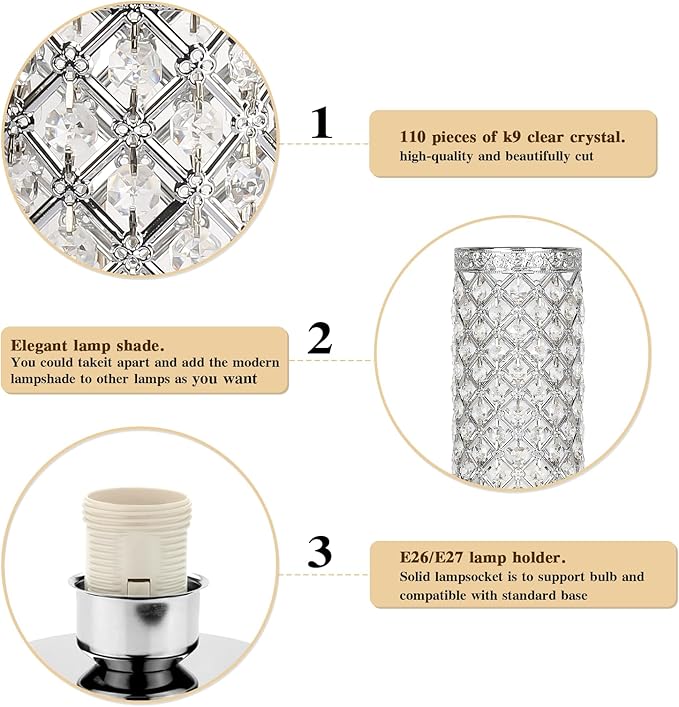 Seaside village Crystal Table Lamp Touch Control Dimmable Accent Desk Lamp Bedside Modern Table Light with Silver Lamp Shade Night Light Fixture for Living Room Bedroom Kitchen
