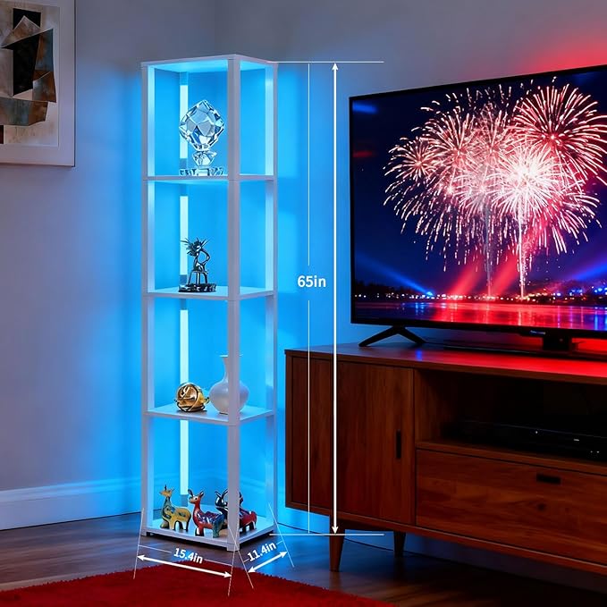 RGBCW Floor Lamp with Shelves, Smart Modern Floor Lamp with Music Sync, Color Changing Corner Display Shelf Lamp, Dimmable Standing Lamp for Living Room and Bedroom, Office, White