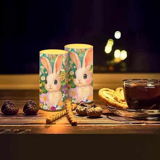 Flameless Candles LED Easter Rabbit Daisy Decorative Candles Battery Operated Ornage Flickering Candles with 18-Key Remote Timer Pillar for Home Living Room Party Table Decorations Green