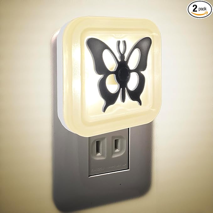 Smart LED Night Light [2-Pack], Plug-in with Auto Dusk to Dawn Sensor | Dimmable, Energy Efficient, Compact Wall Lights for Bedroom, Bathroom, Hallway, Kitchen (Butterfly Warm Light, 2)