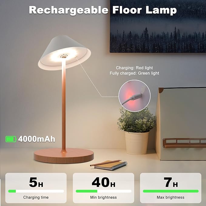 Rechargeable Floor Lamp for Indoor/Outdoor, Cordless Tall Standing Lamp with 3 Color Temps & Dimmable, IP43 Waterproof, Adjustable Height 16-59 Inch, LED Floor Lamp for Living Room, Patio(Wood Grain)