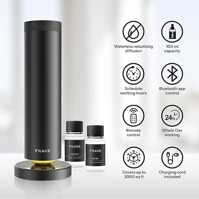 Tower Waterless Scent Diffuser & Oil Kit, 2000 Sqft Coverage, Hotel Diffuser with Bliss & Santal Aroma Oil for Large Room, Home Office, Hotel, Remote & App Control Cold Air Machine, Onyx
