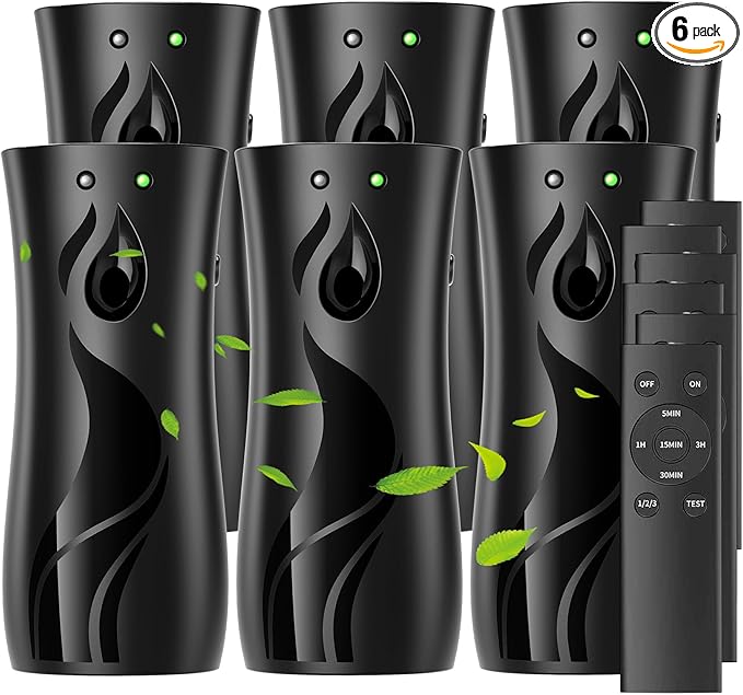 6-Pack Automatic Air Freshener Spray Dispenser with Remote Control,Wall Mounted/Free Standing for Commercial Use,Multiple Time Scent/Mist Release Settings for Room/Restroom (BLACK, standard)