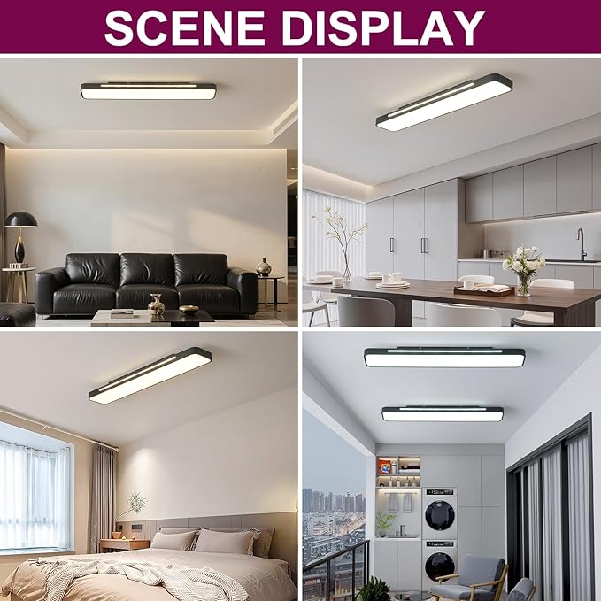 Modern LED Ceiling Light with Remote, 54W Dimmable Linear Black Flush Mount Light Fixture, 39.4'' Low Profile Light Fixture Long LED Ceiling Lamp for Bedroom Living Room Hallway Kitchen