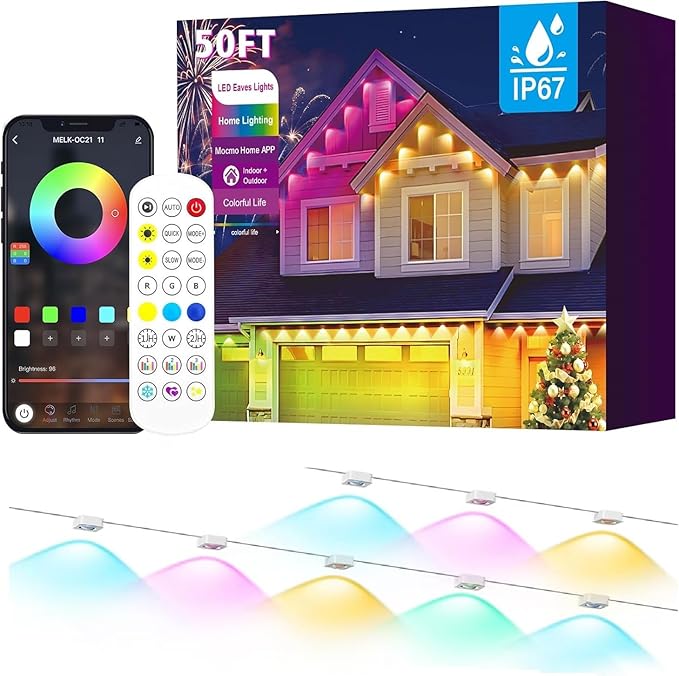 Permanent Outdoor Lights 50 FT Patio Lights,50ft RGB+IC Smart Outdoor Decor, 50 Scene Modes App/Remote Control, IP67 Waterproof for Christmas Holiday Party Decor for Garden House Roof Lighting