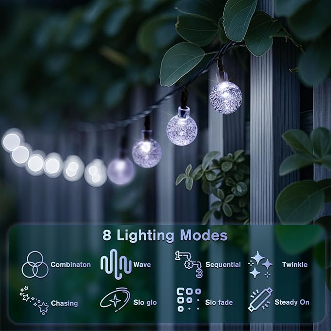 Metaku 2 Pack Solar String Lights for Outside, Total 40FT 60 LED Crystal Globe String Lights, Solar Powered Outdoor Lights with 8 Lighting Modes, Patio Light for Garden, Camping and Party Cool White