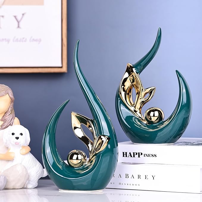 XMGZQ Teal Gold Ceramic Statues for Home Décor Accents,Abstract Art Mid Century Modern Decor,Elegante Centerpiece Table Decorations,Green Sculpture for Entryway,Bookshelf,Tv Stand,Mantel,Coffee Table