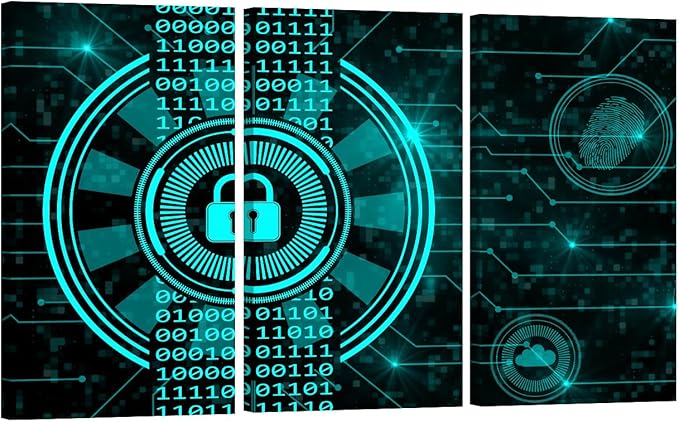 Cloud Services Painting for Living Room Decoration, 3 Panels Secure Technology Concept Padlock Binary Code Hud Poster Prints on Canvas Wall Art for Living Room Bedroom Decoration,20x40inchx3
