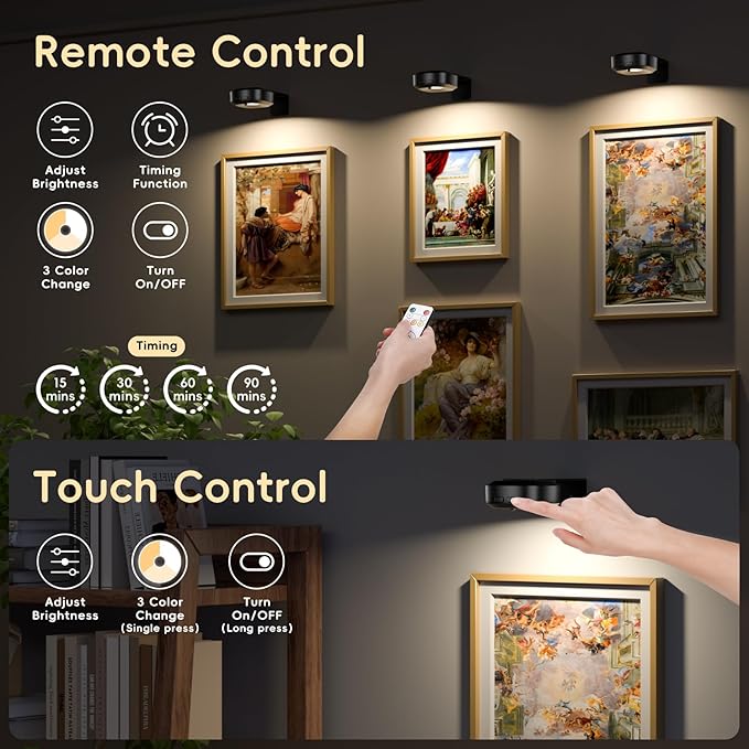 Picture Lights for Wall with Charge Station, 3 Pcs Rechargeable Magnetic Poster Lights with 3 Color Temperatures, Dimmable Timer Painting Wall Decor Light for Art Display, Frame (Black)