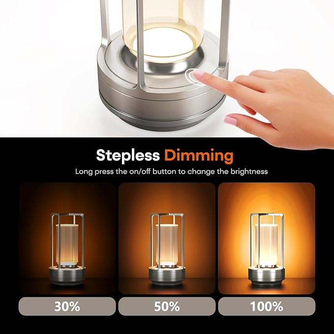 Portable Metal Table Lamp for Indoor/Outdoor ,Rechargeable Cordless LED Lamp, 3-Colour Infinitely Dimming Battery Powered Small Desk Lamp, Restaurant/Bedroom/Bar/Coffee Shop/Camping Light (Silver)