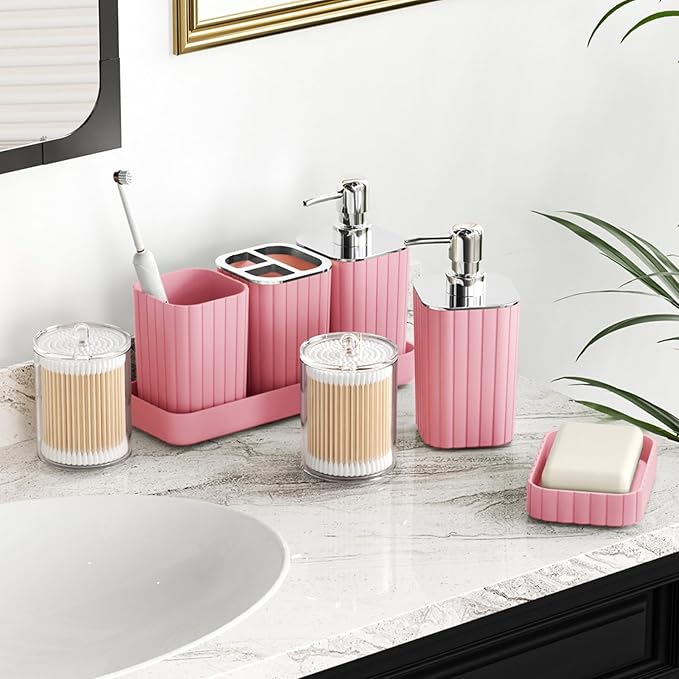 XLHOMO Bathroom Set with Shower Curtain and Rugs- 25PC Pink Bathroom Accessories, Shower Curtain Set, Toilet Brush, Trash Can, Qtip Holder & Soap Dispenser