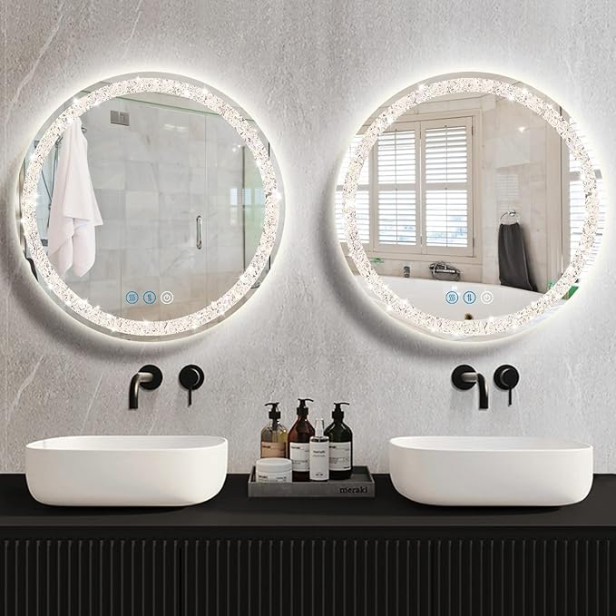 THEKLA Crystal Round Lighted Mirror for Bathroom Makeup Wall Mounted 20 inch Crystal Round Vanity Mirror with Lights Smart Memory 3 Color Dimmable AntiFog 20" Diamond Circle LED Light up Mirrors