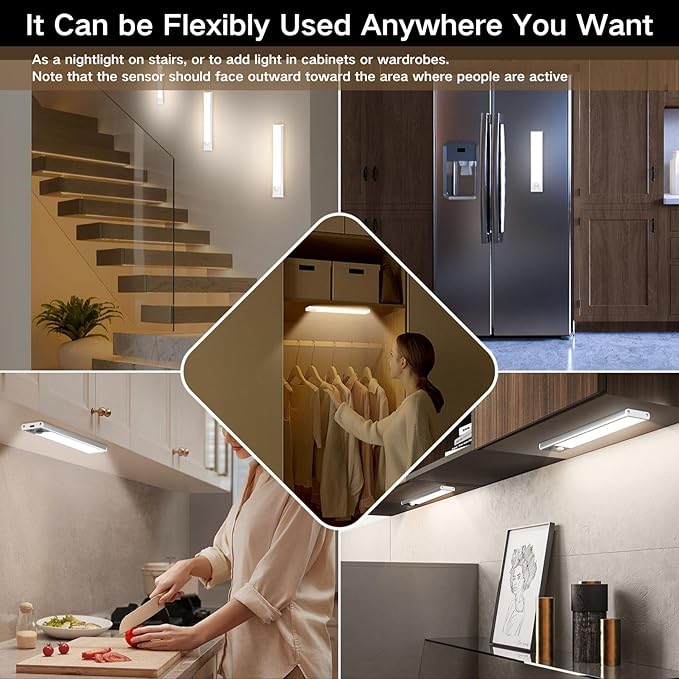 Motion Sensor Under Cabinet Lighting-Magnetic Rechargeable Closet Lights for Kitchen,Stairs,Wardrobe | 3-Color Dimmable LED Under Counter Lighting | Pro Battery Upgrade (2, 12 inch)