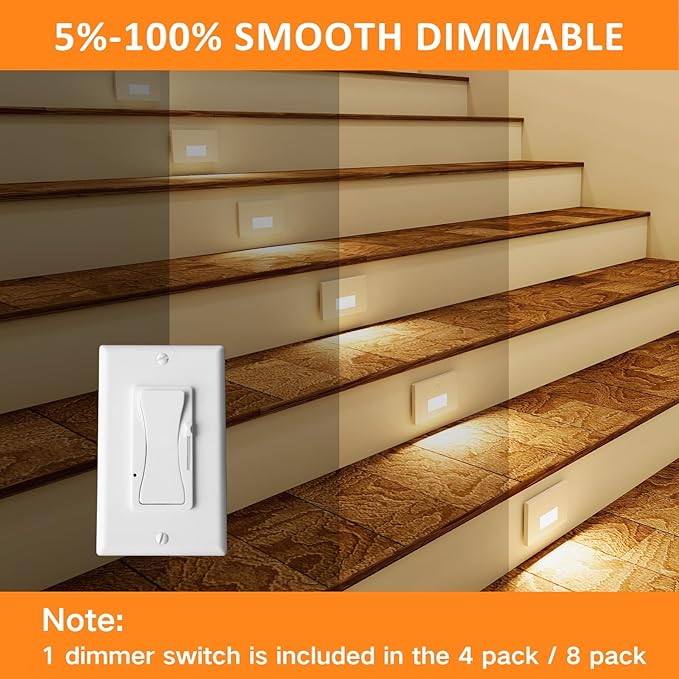 8 Pack Motion Sensor LED Step Lights, 3CCT 120V Hardwired Indoor Outdoor Stair Light, 3.5W 150LM 5%-100% Dimmable Waterproof Staircase Lamp, 3000K/4000K/6000K, Dimmer Switch, ETL, White