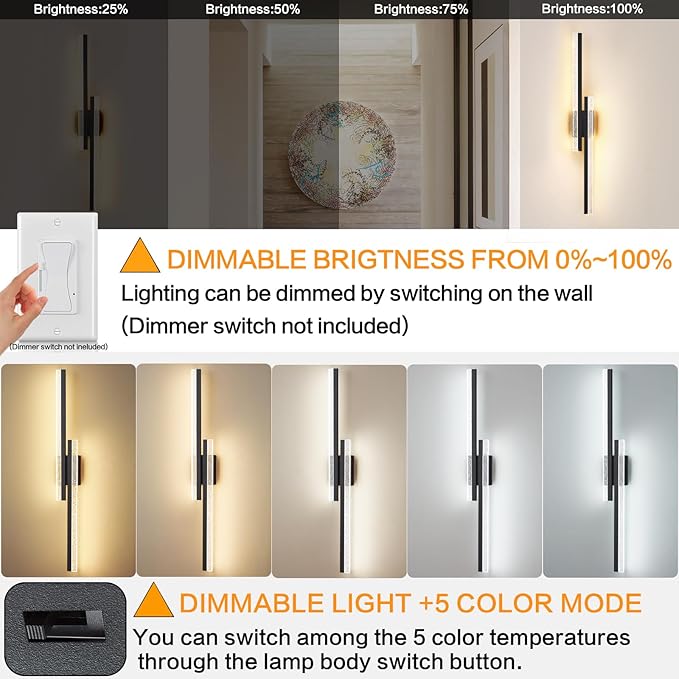 Modern Black Wall Sconces 31.5In Hardwired Wall Light Fixtures Dimmable LED Sconce Wall Lighting Indoor Wall Lamps for Living Room Bedroom Bathroom Hallway Stairs 3000K