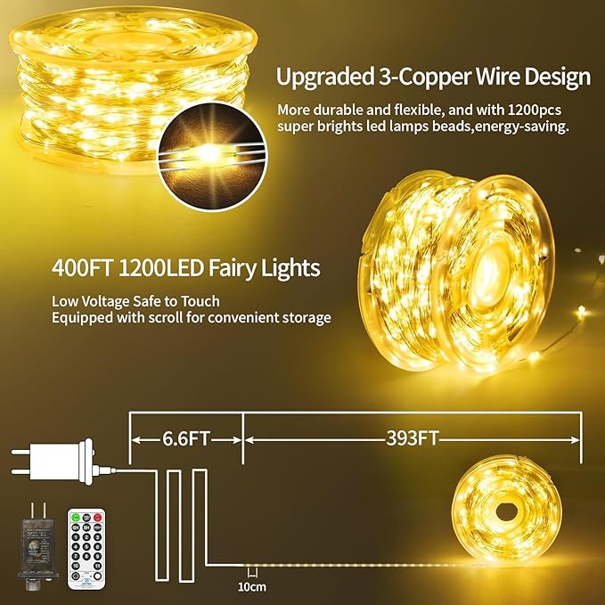 1200 LED Fairy Lights Plug in 403 FT Super Long Christmas Lights Outdoor Decorations String Lights Waterproof Twinkle Lights with Remote Timer for Wedding Party Holiday Bedroom Patio-Warm White