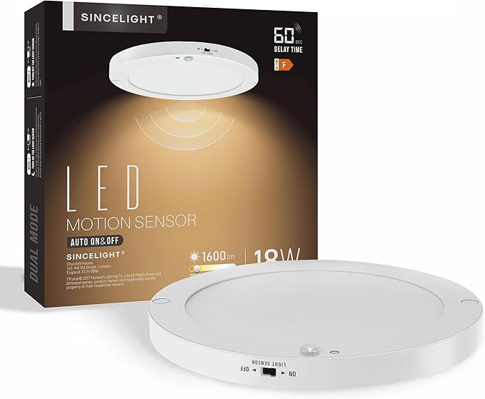 SINCELIGHT PIR Motion Sensor 18W LED Ceiling Light (Φ9''/220mm), Automatically ON/Off, Movement Activated, Dual Mode Turnable, Warm White 2700K, Surface/Flush Mount for Hallway,Porch, Pack of 1
