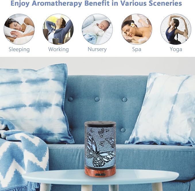 EQUSUPRO Essential Oil Diffuser 150ml Black Metal Aromatherapy Oil Diffuser Ultrasonic Cool Mist Diffuser with Auto Shut-Off Protection,7 Colors Changed LED for Home Office SPA Yoga (Butterfly)